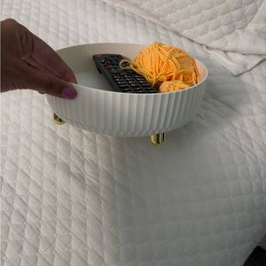 White Ribbed swivel Bowl/ lazy Susan with Gold Accents